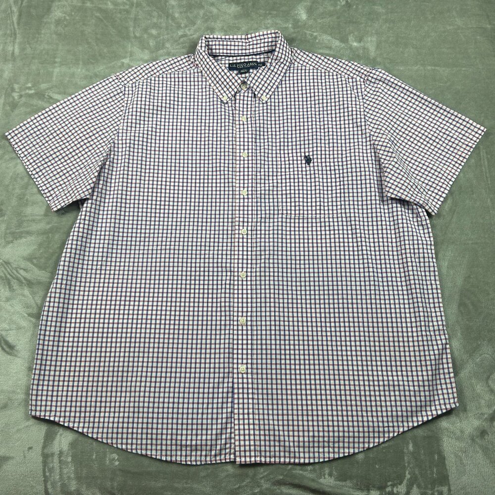 US Polo Assn Shirt Men's XXL Blue Red Check Short Sleeve Button Down Casual NWOT